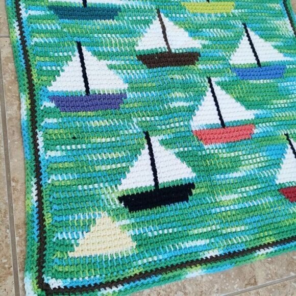 Handmade Crochet Sailboats Baby Blanket 23"x34" Nautical Blue Green Afghan Throw - Picture 2 of 7